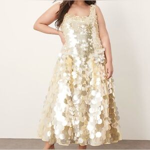 ASOS Curve Arrange Embellished Disc Sequin Lemon Square Neck Midi Dress